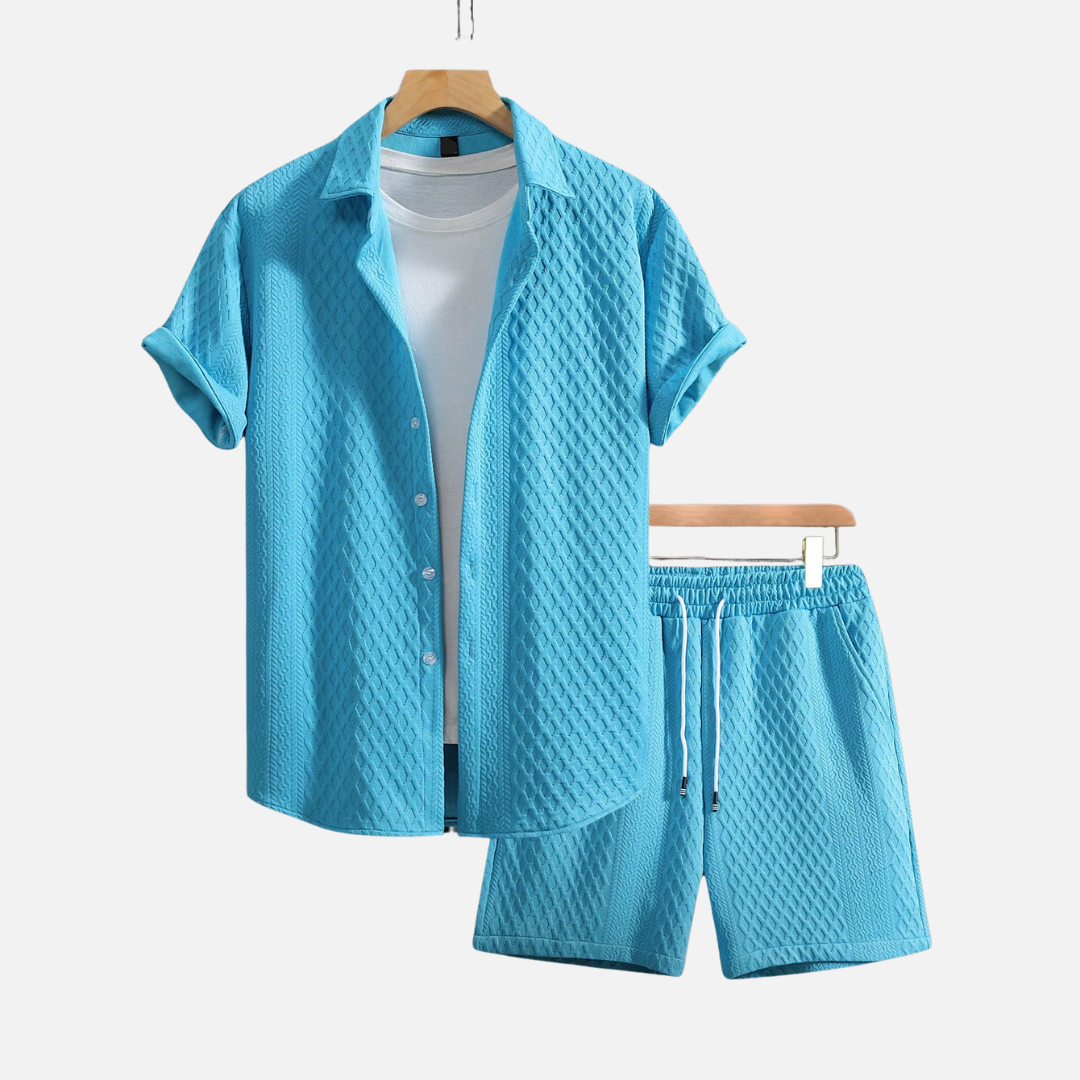 Conjunto Camisa e Short Masculino Norvitz NV056, tecido leve e respirável, gola lapela e modelagem reta para um look casual e sofisticado.