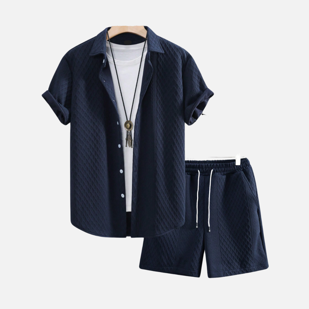 Conjunto Camisa e Short Masculino Norvitz NV056, tecido leve e respirável, gola lapela e modelagem reta para um look casual e sofisticado.