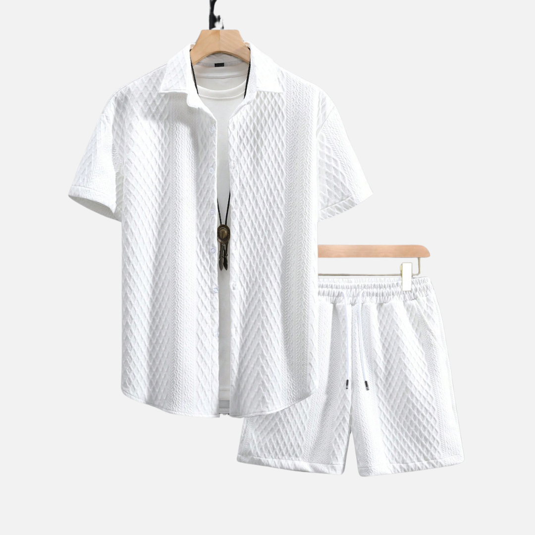 Conjunto Camisa e Short Masculino Norvitz NV056, tecido leve e respirável, gola lapela e modelagem reta para um look casual e sofisticado.