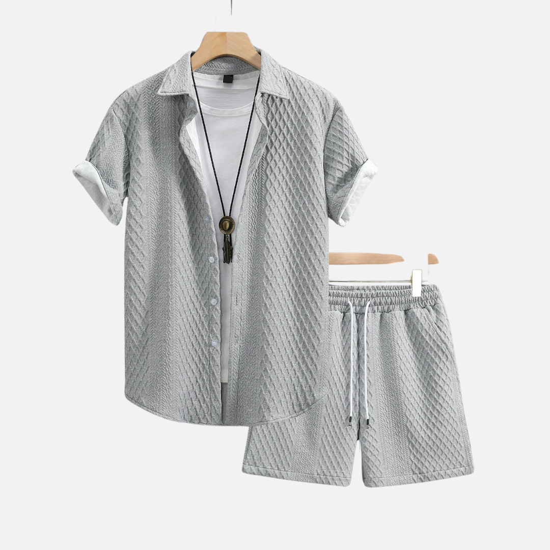 Conjunto Camisa e Short Masculino Norvitz NV056, tecido leve e respirável, gola lapela e modelagem reta para um look casual e sofisticado.