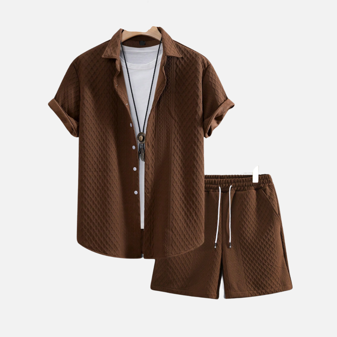 Conjunto Camisa e Short Masculino Norvitz NV056, tecido leve e respirável, gola lapela e modelagem reta para um look casual e sofisticado.