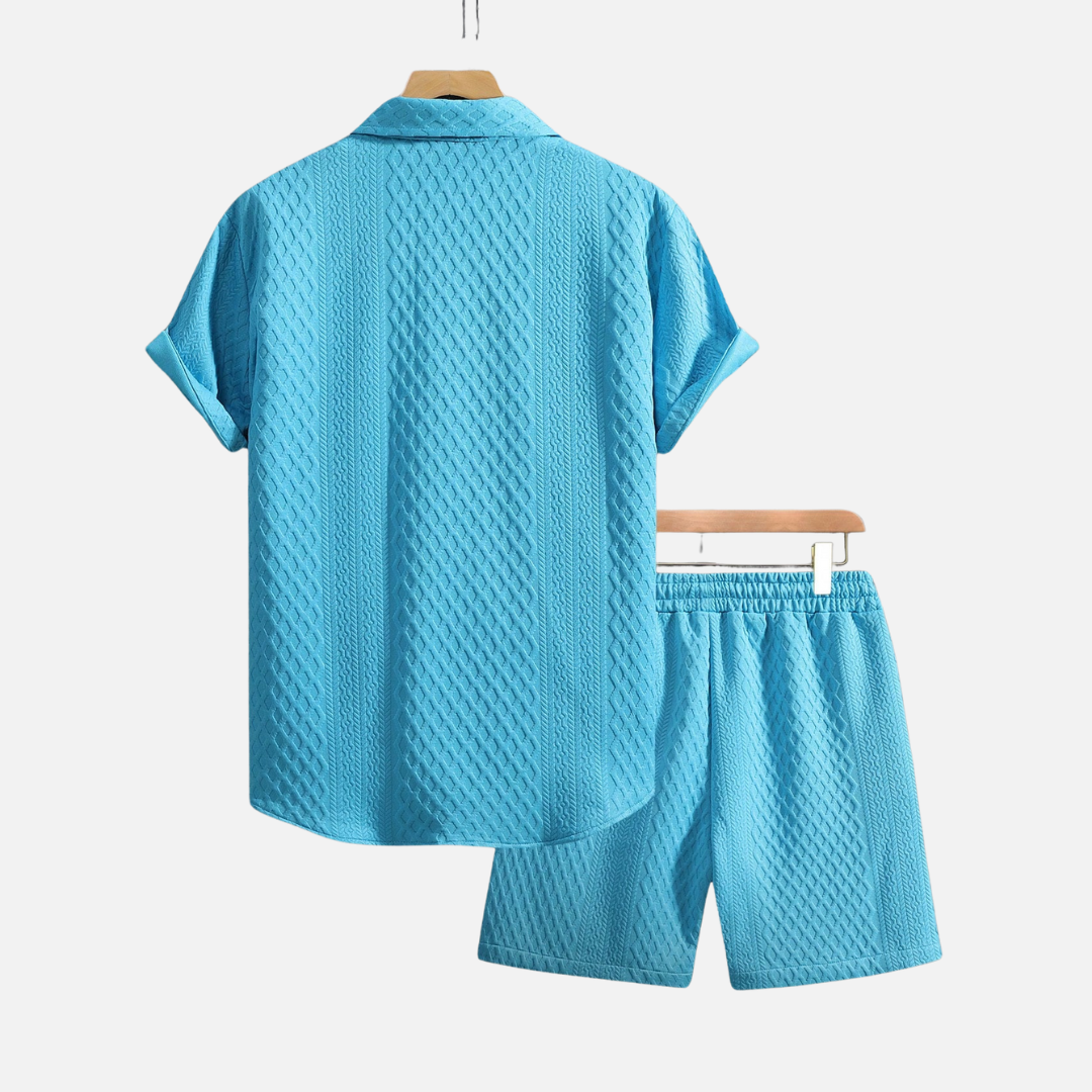 Conjunto Camisa e Short Masculino Norvitz NV056, tecido leve e respirável, gola lapela e modelagem reta para um look casual e sofisticado.