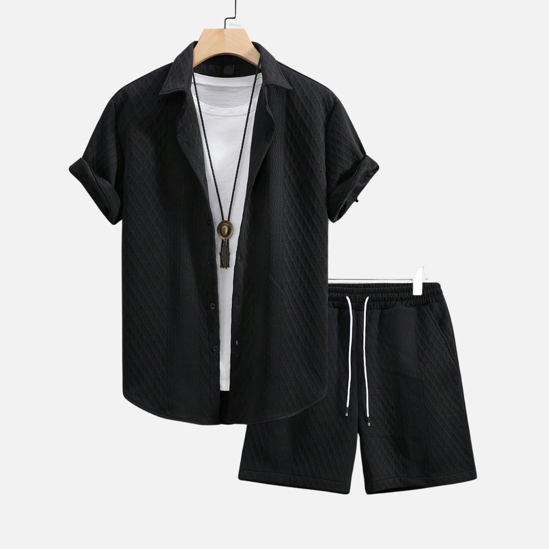 Conjunto Camisa e Short Masculino Norvitz NV056, tecido leve e respirável, gola lapela e modelagem reta para um look casual e sofisticado.